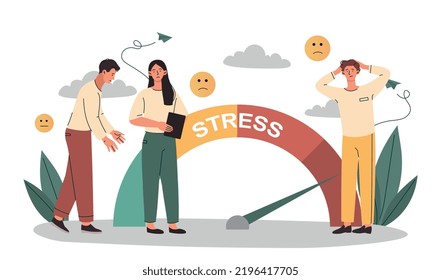 Burnout employees concept. Men and women next to stress indicator. Pressure and panic, overwhelmed. Overloaded workers and toxic atmosphere. Poster or banner for site. Cartoon flat vector