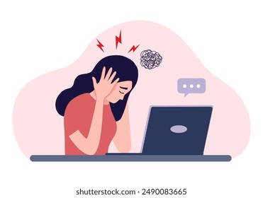 Burnout exhausted woman tired sitting at her workplace in office holding her head vector illustration. Concept of emotional burnout, stress, tiredness, mental health problems.