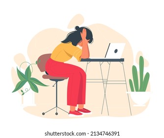 Burnout and exhaustion concept illustration. Tired, exhausted female office worker sitting at computer desk at work. Frustrated worker, mental health problems. Vector illustration in flat style