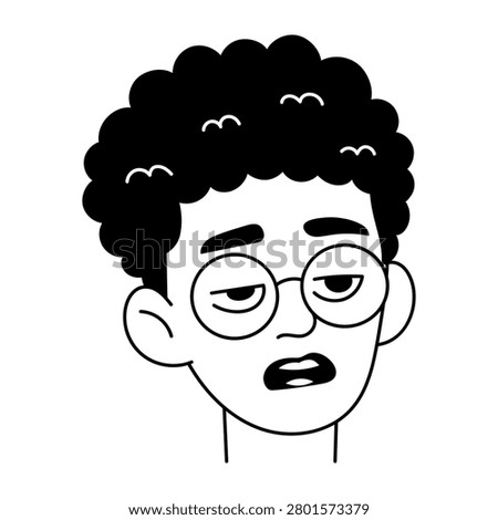 Burnout face with glasses and drained expression.