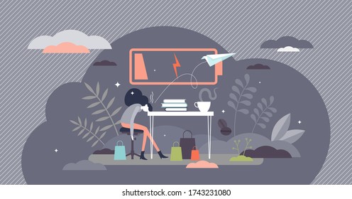 Burnout female vector illustration. Low energy workplace flat tiny persons concept. Exhausted and tired labor visualization with fatigue anxiety symptoms. Loss of balance abstract dead battery symbol.