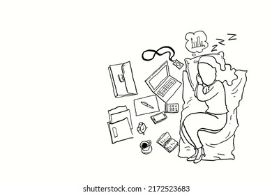 Burnout female worker sleep while thinking of work. Exhaustion concept. Cartoon vector illustration design