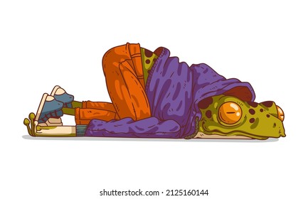 Burnout. Humanized frog in depression, vector illustration. Tired anthropomorphic frog, lying powerless on the ground, with his hands by his sides. Animal character with human body.