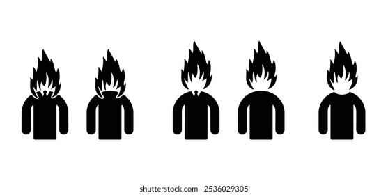 Burnout icon. Brain with fire. Cartoon stick figure man with fire head. Having problems on work, emotional stress, unhappy, psychology pressure, difficult life or in job. Stressed burnout concept.