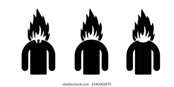 Burnout icon. Brain with fire. Cartoon stick figure man with fire head. Having problems on work, emotional stress, unhappy, psychology pressure, difficult life or in job. Stressed burnout concept.