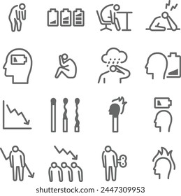 Burnout icon illustration vector set. Contains such icon as depression, exhaustion, pressure, anxiety, bore and more. Editable stroke