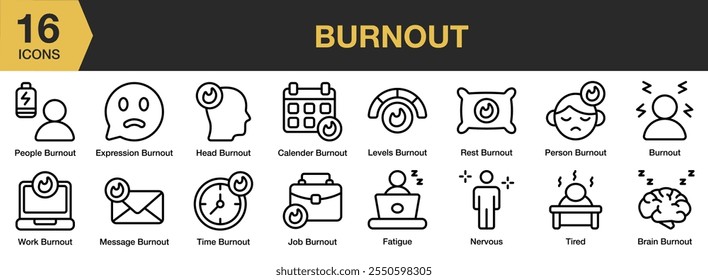 Burnout icon set. Includes people, calendar, expression, message, time, job, rest, levels, and More. Outline icons vector collection.