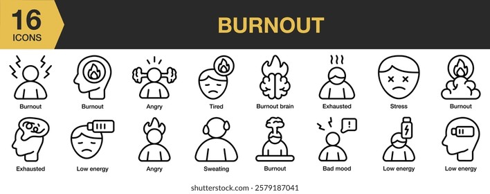 Burnout icon set. Includes burnout, stress, tired, person, headache, fatigue, and More. Outline icons vector collection.