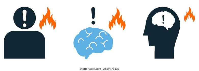 Burnout Icon Set, Vector Illustration Depicting Stress, Exhaustion and Mental Overload with Flames, Brain and Exclamation Symbols, Perfect for Business, Healthcare, and Psychology Themes