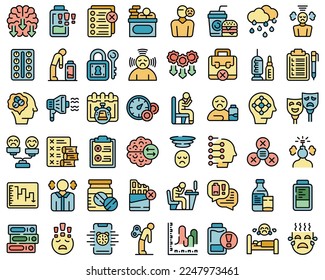 Burnout icons set outline vector. Stress mental. Work fatigue color flat