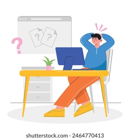 Burnout illustration with exhausted male office worker sitting at the table. Frustrated worker, mental health problems. Vector illustration in flat style