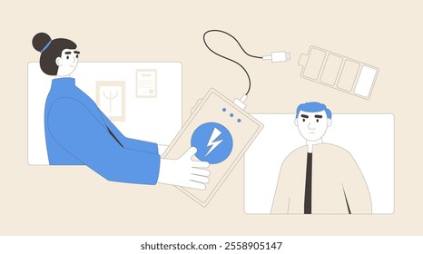 Burnout man therapy. Online counseling session with psychiatric. Tired character charge with psychologists. Male client with depression and empty battery indicator. Vector concept illustration.