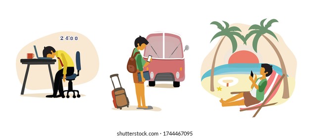 Burnout  office concept illustration with exhausted male office worker sitting at the table. Frustrated worker.  worker relax  at beach. worker go to travel and update job every time