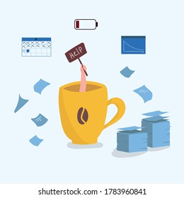 Burnout. Office employee has a lot of work, stress. Person is tired and hides in a large mug of coffee and asks for help. Long working day, deadline, poor productivity. Mental health problem