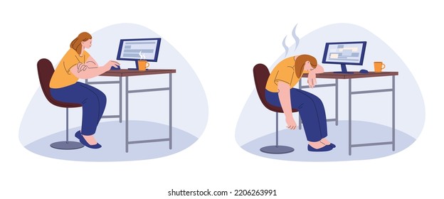Burnout office worker. Active and tired entrepreneur at work. Sick or sad woman, working stress frustration. Mental health and deadline kicky vector character