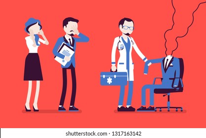 Burnout office worker and a doctor. Employee empty suit, man in exhaustion, lost physical, emotional strength, motivation, stress and frustration at workplace. Vector illustration, faceless characters