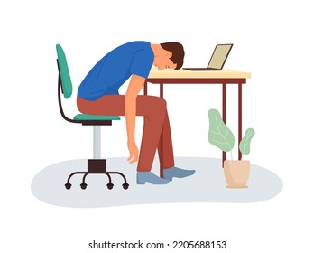 Burnout on work. Tired employee with laptop in office. Exhausted man sleep on desk. Concept of stress, fatigue and busy. Person in job, business and study. Procrastination character. Vector.