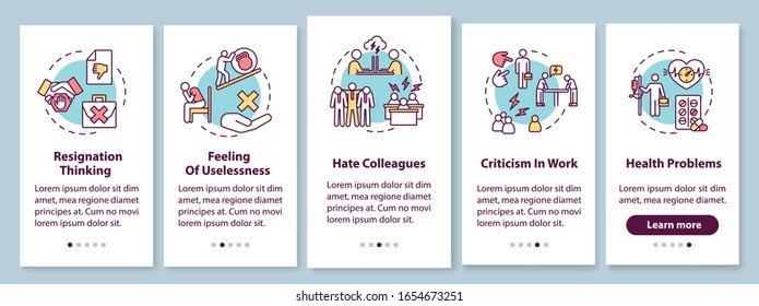 Burnout onboarding mobile app page screen with concepts. Thinking of resignation. Work problems walkthrough 5 steps graphic instructions. UI vector template with RGB color illustrations
