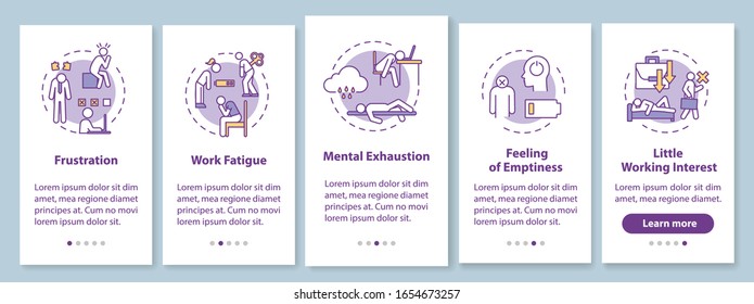 Burnout onboarding mobile app page screen with concepts. Mental exhaustion. Feeling of emptiness. Work fatigue walkthrough 5 steps graphic instructions. UI vector template with RGB color illustrations