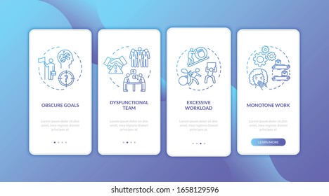 Burnout onboarding mobile app page screen with concepts. Office conflict. Overwhelming workload walkthrough 4 steps graphic instructions. UI vector template with RGB color illustrations