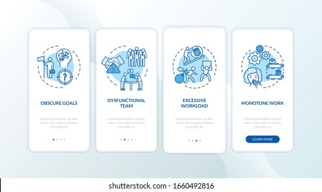 Burnout onboarding mobile app page screen with concepts. Argument with coworkers. Work stress walkthrough 4 steps graphic instructions. UI vector template with RGB color illustrations
