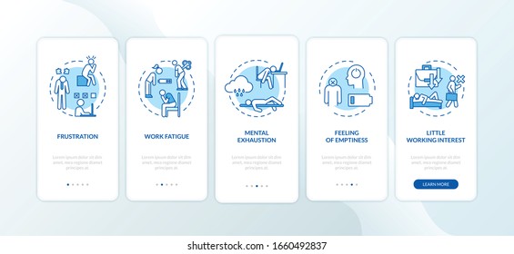 Burnout onboarding mobile app page screen with concepts. Take nap to recharge. Mentally disturbed. Low energy walkthrough 5 steps graphic instructions. UI vector template with RGB color illustrations