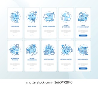 Burnout onboarding mobile app page screen with concepts. Problems at work. Health issue. Overworked walkthrough 5 steps graphic instructions. UI vector template with RGB color illustrations