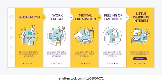 Burnout onboarding vector template. Lazy employee. Mental exhaustion. Feeling of emptiness. Work fatigue. Responsive mobile website with icons. Webpage walkthrough step screens. RGB color concept