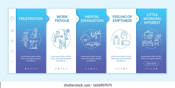 Burnout onboarding vector template. Overworked people. Mental exhaustion. Feeling of emptiness. Work fatigue. Responsive mobile website with icons. Webpage walkthrough step screens. RGB color concept