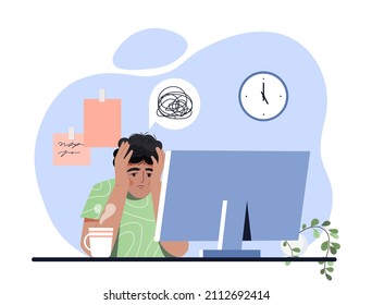 Burnout and overload. Man sits at his workplace with his head in his hands. Low energy, dead end, confused character in front of computer. Fatigue, overwork. Cartoon flat vector illustration
