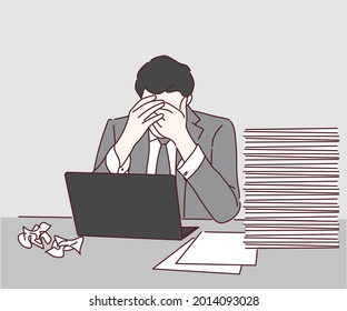 Burnout, overload, overwork concept. Stressed businessman concerned about hard online task looking at laptop, tired exhausted office worker feeling headache at work.