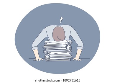 Burnout, overload, overwork concept. Unhappy depressed man office worker sitting with head on heap of documents and feeling stressed and tired in office vector illustration 