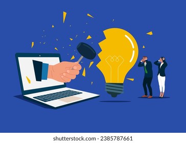 Burnout from overwork. Afraid of business failure. Using sledgehammer and breaks light bulb. Flat vector illustration.