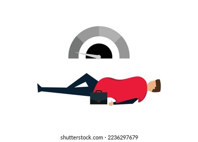 burnout from overwork routine, fatigue tried businessman in suit lay down on the floor with his suitcase with no battery sign.