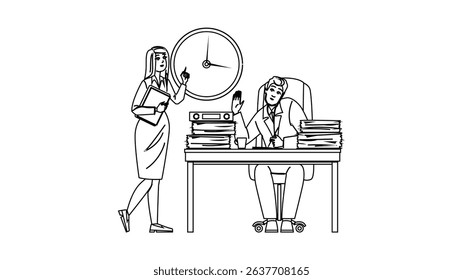 burnout overworked boss vector. deadlines pressure, exhaustion multitasking, leadership meetings burnout overworked boss character. people black line pencil drawing illustration