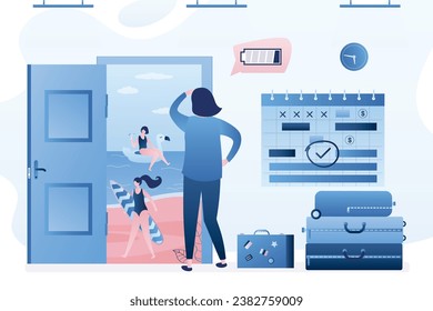 Burnout, overworked business woman stand near open door to beach paradise. Waiting for vacation, calendar with an important date. Female employee with low battery. Break time. Flat vector illustration svg