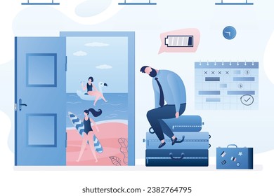 Burnout, overworked businessman near open door to beach paradise. Male employee with low battery sitting on baggage and waiting for vacation. Calendar with important date. Break time concept. Vector svg