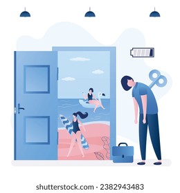Burnout, overworked businesswoman stand near open door to beach paradise. Female employee with low battery. Unhappy, tired woman wants to go on vacation. Break time concept.  Flat vector illustration svg