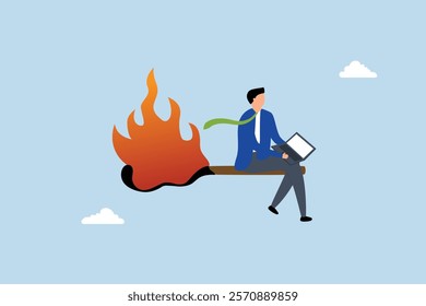 Burnout from overworked, desperate entrepreneur using laptop on a lit matchstick. 