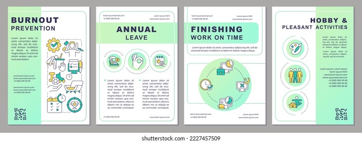 Burnout prevention green template. Worker mental health. Leaflet design with linear icons. Editable 4 vector layouts for presentation, annual reports. Arial-Bold, Myriad Pro-Regular fonts used