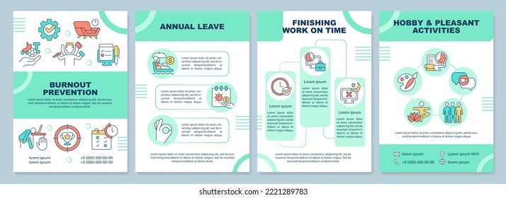 Burnout prevention mint brochure template. Self care tips. Leaflet design with linear icons. Editable 4 vector layouts for presentation, annual reports. Arial-Black, Myriad Pro-Regular fonts used