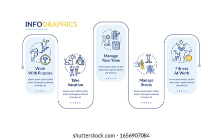 Burnout prevention vector infographic template. Stress management presentation design elements. Data visualization with 5 steps. Process timeline chart. Workflow layout with linear icons