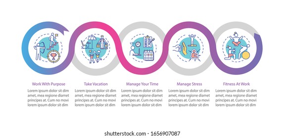 Burnout prevention vector infographic template. Time management presentation design elements. Data visualization with 5 steps. Process timeline chart. Workflow layout with linear icons