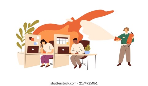 Burnout prevention at work concept. HR cooling down exhausted stressed overworked bored office workers in fire. Boss preventing employees crisis. Flat vector illustration isolated on white background