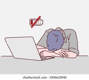 Burnout. Professional burnout syndrome. Tired man manager with full and low energy battery working on computer in workplace. Hand drawn in thin line style, vector illustrations.