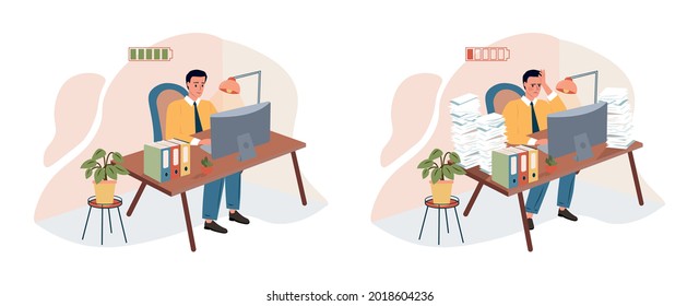 Burnout. Professional burnout syndrome. Tired man with full and low energy battery working on computer in workplace. Exhausted tired employee or office worker with stress, flat vector cartoon concept.