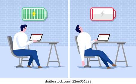 Burnout. Professional burnout syndrome. Tired man manager with full and low energy battery working on computer in workplace.Emotional burnout. A tired worker is sitting at the table.