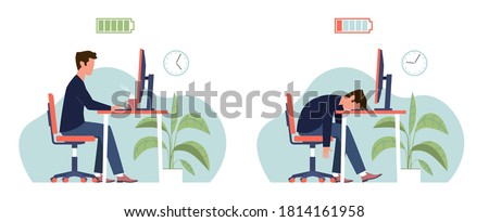Burnout. Professional burnout syndrome. Tired man manager with full and low energy battery working on computer in workplace. Frustrated depressed office worker with stress, flat vector cartoon concept