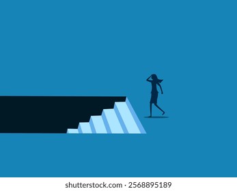 Burnout, Recession. Businesswoman at the top looking down the stairs