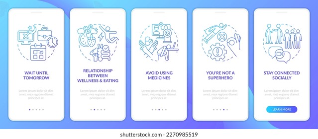 Burnout recovery blue gradient onboarding mobile app screen. Self care walkthrough 5 steps editable graphic instructions with linear concepts. UI, UX, GUI template. Myriad Pro-Bold, Regular fonts used